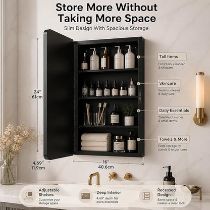 16x24 Medicine Cabinet with Mirror, Black Metal, Recessed or Surface Mount | 3 adjustable metal shelves, soft-close reversible door, 95% assembled; cutout 13.78"W x 19.1"H x 3.86"D