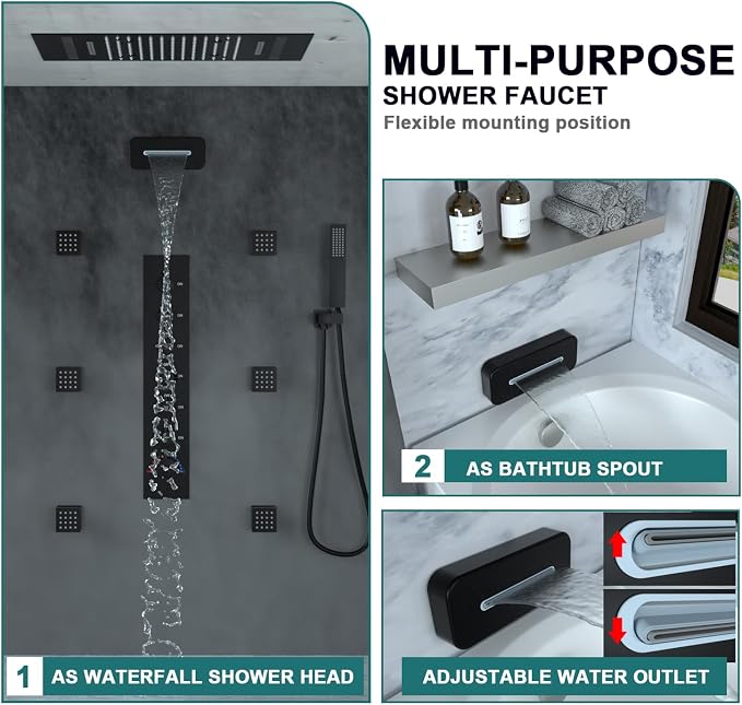 HOMEDEC LED Multi Functions Full Body Shower System with 6pcs Body Jets Spray with（Up/Down ）Shower Spout, Large 3 In 1 Functions 14x20inch Showerhead, Rainfall Mist Shower Faucet Set Complete, Black