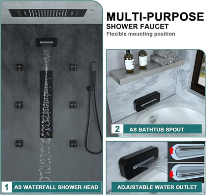 HOMEDEC LED Multi Functions Full Body Shower System with 6pcs Body Jets Spray with（Up/Down ）Shower Spout, Large 3 In 1 Functions 14x20inch Showerhead, Rainfall Mist Shower Faucet Set Complete, Black