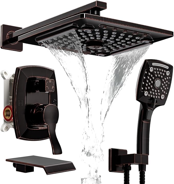 ELLO&ALLO Oil Rubber Bronze tub and Shower Faucet Set, Complete Shower System with Rough-in Valve and Trim Kit