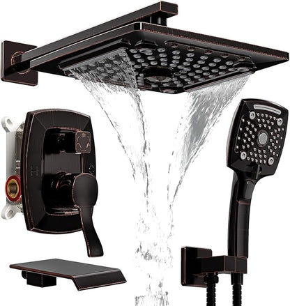ELLO&ALLO Oil Rubber Bronze tub and Shower Faucet Set, Complete Shower System with Rough-in Valve and Trim Kit