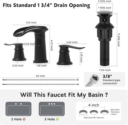 BWE Waterfall Bathroom Faucet, Matte Black 8 Inch Widespread Bathroom Sink Faucet Two-Handle with Pop-up Drain, for Vanity, Lavatory Sink