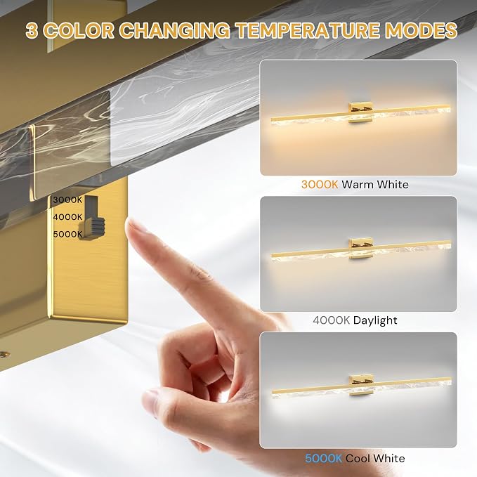 L LOHAS LED 48 Inch Gold Vanity Light Bar Over Mirror Marble Acrylic 3CCT | Modern LED Vanity Light With Marble Acrylic Shade, Adjustable Bathroom Mirror Lighting for Bedroom and Living Room