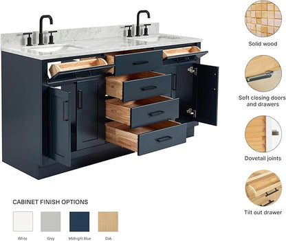ARIEL Hepburn 66-inch Bathroom Vanity with Sink,Solid Wood, 0.75-inch Italian Carrara Marble Countertop, Double Rectangular Porcelain Sink, 4 Soft Closing Doors, 6 Dovetail Drawers, Midnight Blue