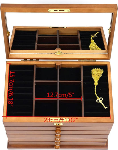 Extra Large Four-Leaf Carved 6 Layers Wooden Jewelry Box Jewelry Case Cabinet Armoire Ring Necklacel Gift Storage Box Organizer (Brown Style 2)