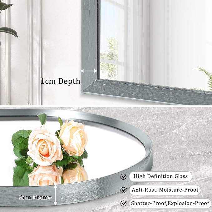 Arched Mirror, Modern Bathroom Wall Mirror Aluminum Alloy Framed Brushed Metal Vanity Wall Mounted Mirrors for Livingroom Bedroom Entryway Room 16"x12"