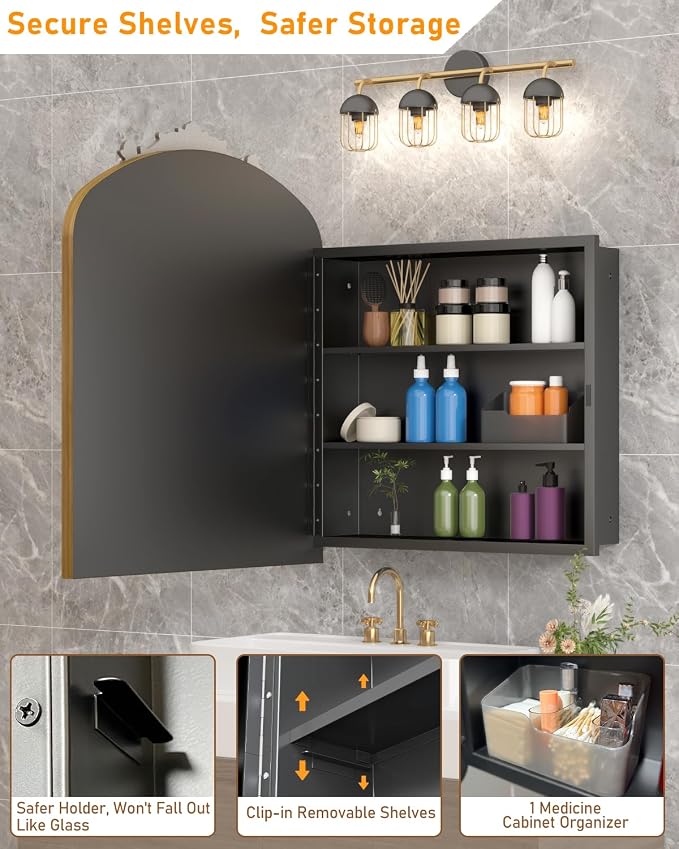 24x30 Inch Bathroom Medicine Cabinet Surface Mounted, Medicine Cabinet with Arched Mirror, Hand-Painted Bronze Aluminum Frame, Baroque Flower Decor, Black Metal Cabinet, 2 Stable & Removable Shelves