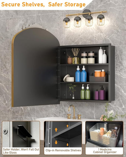 24x30 Inch Bathroom Medicine Cabinet Surface Mounted, Medicine Cabinet with Arched Mirror, Hand-Painted Bronze Aluminum Frame, Baroque Flower Decor, Black Metal Cabinet, 2 Stable & Removable Shelves