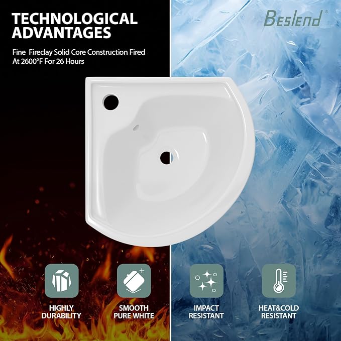 Triangle Corner Wall Mount Sink | Beslend 16"x15" Inch White Ceramic Vessel Sink, Triangle Corner Art Basin with Single Hole，Small Space-Saving Bathroom Sinks