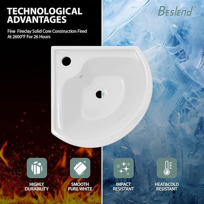 Triangle Corner Wall Mount Sink | Beslend 16"x15" Inch White Ceramic Vessel Sink, Triangle Corner Art Basin with Single Hole，Small Space-Saving Bathroom Sinks