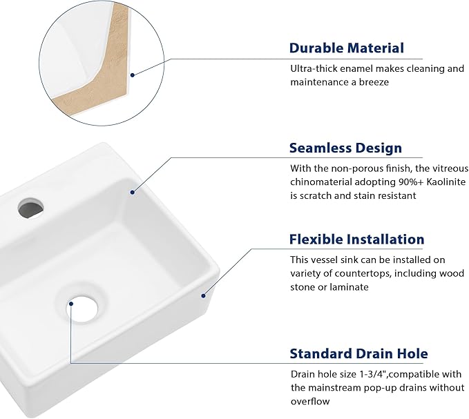 Sarlai Wall Mount Hung Small Vessel Sink - 13"x11" Floating Vessel Sink Wall Mounted Small Bathroom Sinks Tiny Modern Rectangle Floating White Porcelain Ceramic Vanity Sink
