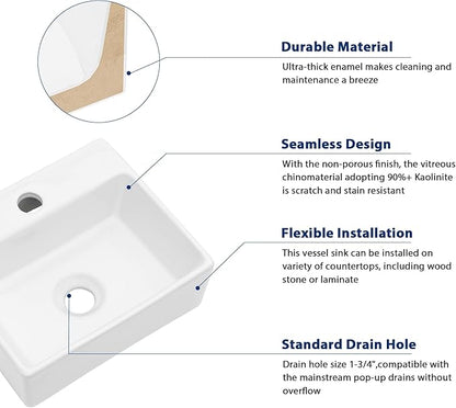 Sarlai Wall Mount Hung Small Vessel Sink - 13"x11" Floating Vessel Sink Wall Mounted Small Bathroom Sinks Tiny Modern Rectangle Floating White Porcelain Ceramic Vanity Sink
