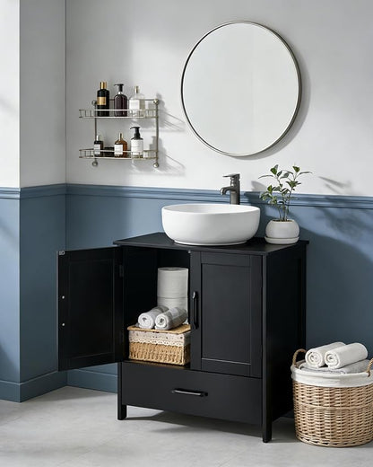 Bathroom Vanity Sink Cabinet, Under Sink Storage Cabinet with 2 Doors, Waterproof Pedestal Sink Cabinet for Bathroom, Laundry Room, Kitchen, Black with Drawer