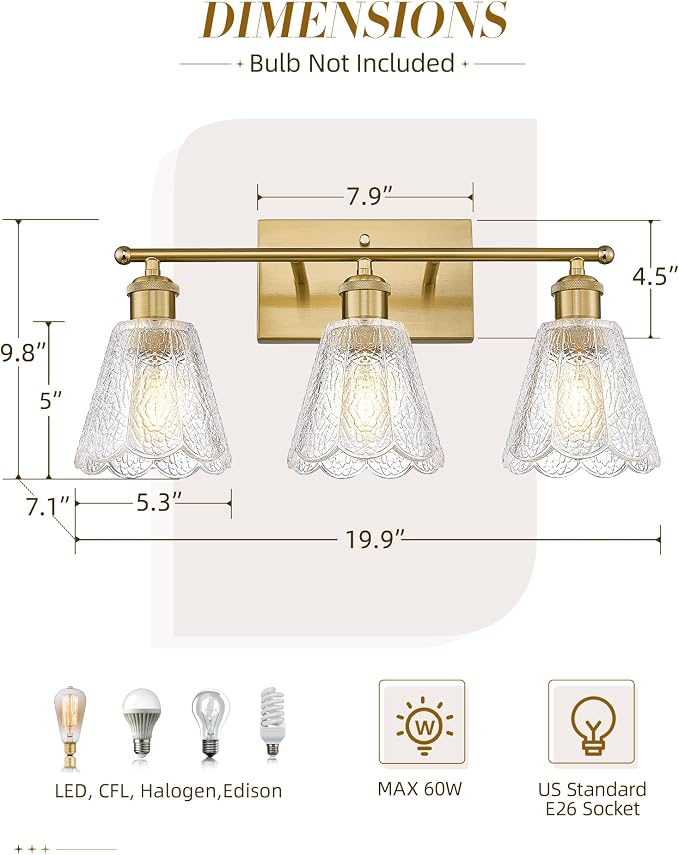 HWH 3-Light Bathroom Wall Sconces, Clear Floral Glass, 5HJX110B-3W BG | Brushed Gold Finish, 20 Inch Bathroom Vanity Light for Bedroom, Sconce Wall Lighting, Standard E26 Bulb Socket, For Foyer