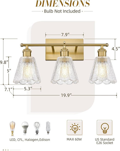 HWH 3-Light Bathroom Wall Sconces, Clear Floral Glass, 5HJX110B-3W BG | Brushed Gold Finish, 20 Inch Bathroom Vanity Light for Bedroom, Sconce Wall Lighting, Standard E26 Bulb Socket, For Foyer