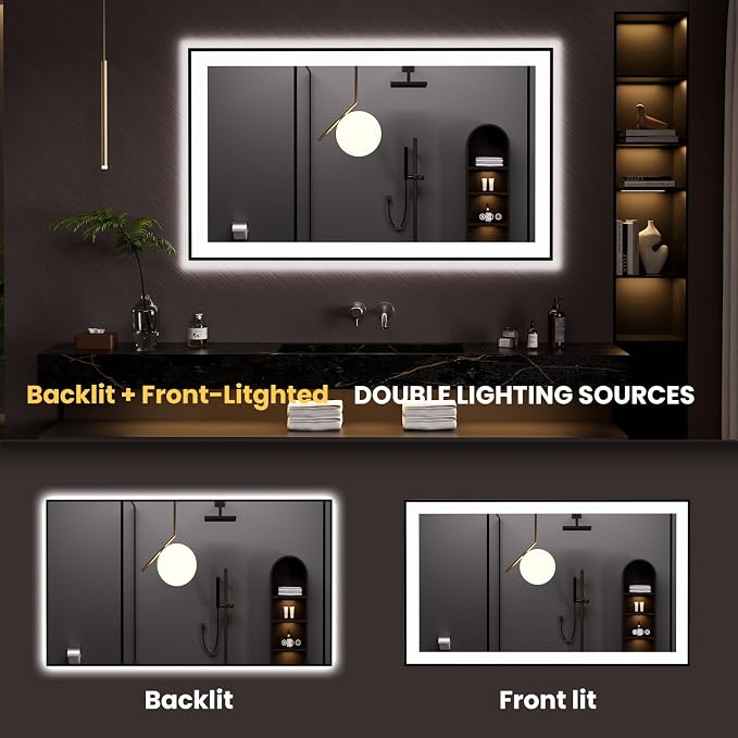 LOAAO 48"X28" LED Bathroom Mirror Black Framed | Anti-Fog, Dimmable, Memory Function, Tempered Glass, Lighted Vanity Mirror for Wall