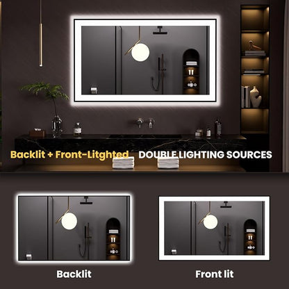 LOAAO 48"X28" LED Bathroom Mirror Black Framed | Anti-Fog, Dimmable, Memory Function, Tempered Glass, Lighted Vanity Mirror for Wall