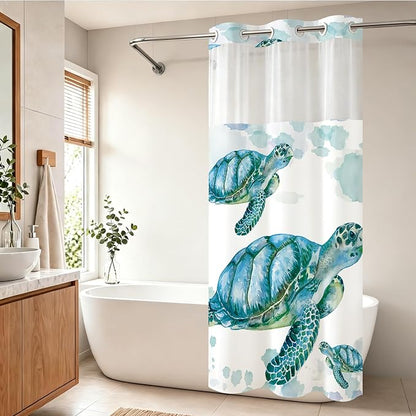 Beach Nautical Sea Turtle Theme No Hook Waffle Weave Shower Curtain with Snap in Liner Nautical Beach Bathroom Blue Ocean Decor Set 36 W x 74 H Inch Teal