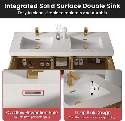 60" Bathroom Vanity with Double Sink, Freestanding Double Sink Bathroom Vanity with White Engineered Stone Top, Open Storage Cabinet & Adjustable Shelf, 4 Soft-Closing Doors, Light Oak