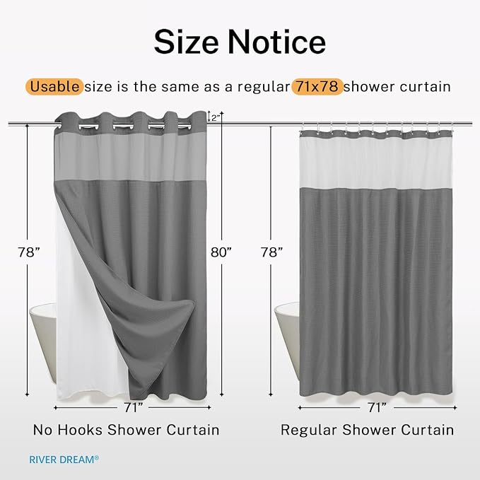 River Dream Heavyweight Waffle No Hook Shower Curtain with Liner,Gray,71x80 | Dotted Waffle,Snap-in Liner,Heavy Duty,Quick Dry,Mesh Top Window,With Bottom Magnets,Hotel-Grade,Washable,Long Size