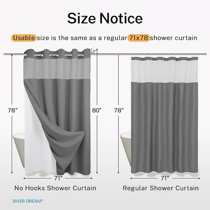 River Dream Heavyweight Waffle No Hook Shower Curtain with Liner,Gray,71x80 | Dotted Waffle,Snap-in Liner,Heavy Duty,Quick Dry,Mesh Top Window,With Bottom Magnets,Hotel-Grade,Washable,Long Size