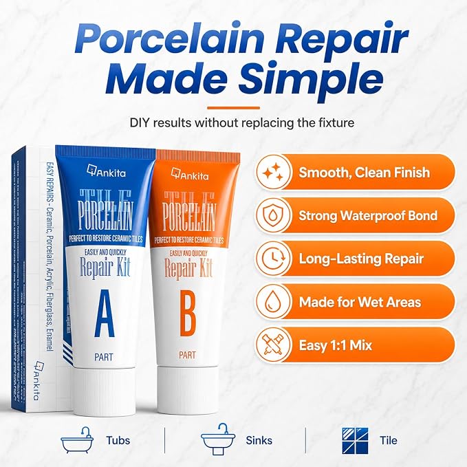 Porcelain Repair Kit White, High-Gloss Chipped Sink, Tub & Tile Repair Kit | Fix Sinks Chips, Tile Crack, Hole, Super Bond Porcelain Sink Repair Kit & Tile Paste Epoxy Putty, Trim & Repair Kits