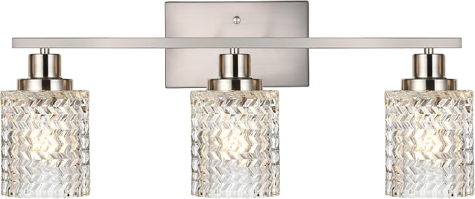 MELUCEE 3 Lights Bathroom Light Fixtures Brushed Nickel | Modern Vanity Lights Indoor Wall Mounted Light with Hammered Glass Shade Suitable for Bathroom Living Room Hallway