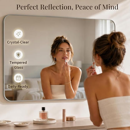 30x48 Inch Brushed Nickel Rounded Rectangle Bathroom Vanity Mirror | For Over-Sink Bathrooms, Corrosion-Resistant Aluminum Frame, Slim Front Profile, Vertical or Horizontal Layout