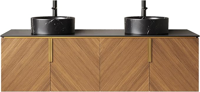 60" Double Sink Bathroom Vanity with Sink Combo, Floating Vanity with Vessel Sink, Wall-Mounted Plywood Bathroom Vanity Storage Cabinet with 4 Doors & 2 Black Round Basin, Brown Oak