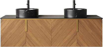 60" Double Sink Bathroom Vanity with Sink Combo, Floating Vanity with Vessel Sink, Wall-Mounted Plywood Bathroom Vanity Storage Cabinet with 4 Doors & 2 Black Round Basin, Brown Oak