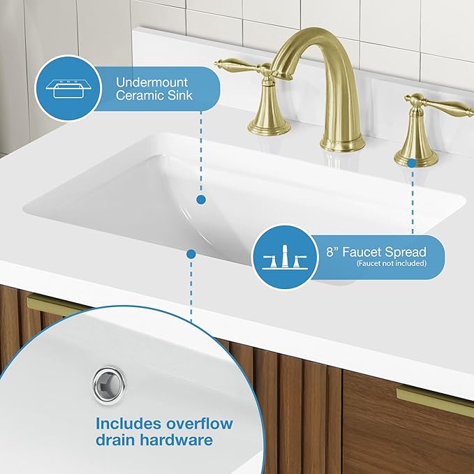 OVE Decors Indy 36 in. Undermount Single Sink Bathroom Vanity with White Engineered Marble Top, Warm Walnut