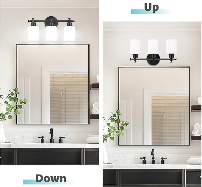 3 Light Black Bathroom Light Fixture, Modern Vanity Lights Over Mirror | Bathroom Wall Sconce with White Glass Shade, Modern Anti-Rust Vanity Light Fixture, Hardwired, E26(Bulbs Not Included)