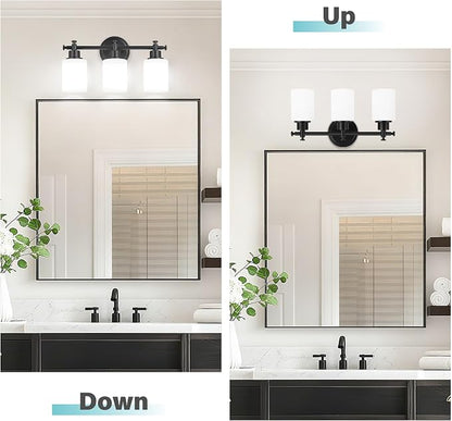 3 Light Black Bathroom Light Fixture, Modern Vanity Lights Over Mirror | Bathroom Wall Sconce with White Glass Shade, Modern Anti-Rust Vanity Light Fixture, Hardwired, E26(Bulbs Not Included)