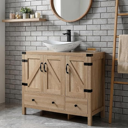 36" Natural Color Bathroom Vanity, Rustic Fixture Standing Pedestal Cabinet with White Ceramic Boat Sink