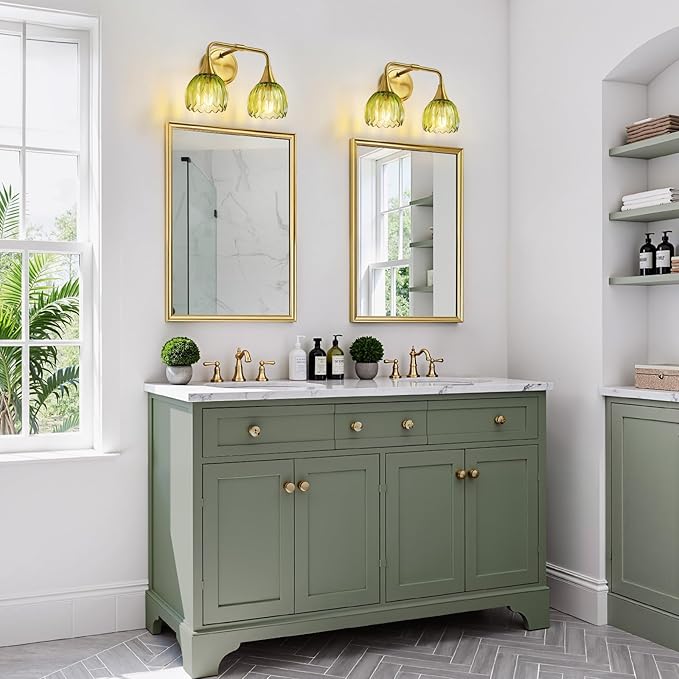 Bathroom Vanity Light Fixtures: 2-Lights Vintage Bathroom Lights Over Mirror with Ribbed Green Tulip Glass Shade - 14 inch Brushed Gold Wall Sconce Bath Lighting