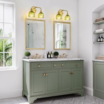Bathroom Vanity Light Fixtures: 2-Lights Vintage Bathroom Lights Over Mirror with Ribbed Green Tulip Glass Shade - 14 inch Brushed Gold Wall Sconce Bath Lighting
