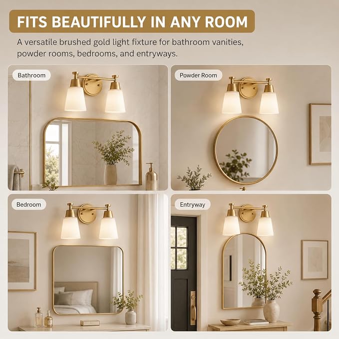 2 Light BathroomVanity Lights, Brushed Gold Wall Sconce Light with Frosted Glass, Bathroom Over Mirror Light Fixtures for Living Room, Bedroom, Hallway