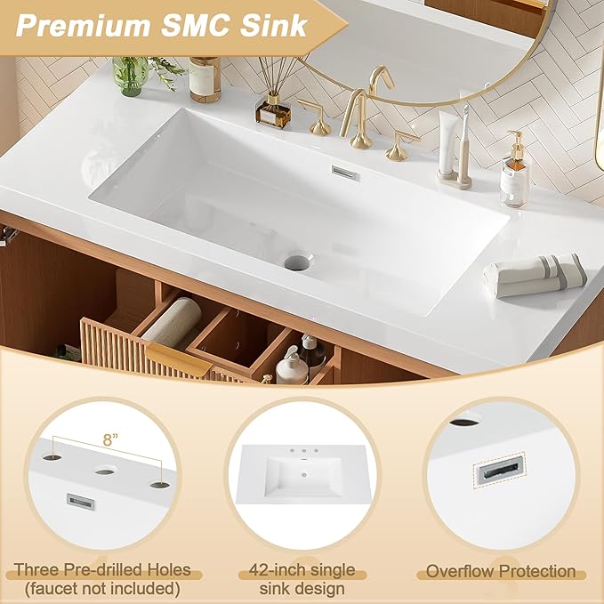 Merax 42 inch Bathroom Vanity with Sink, Wall Mounted Storage Vanities with Drawer and Door, SMC Resin Countertop and Basin, Single Sink, Nature Wood