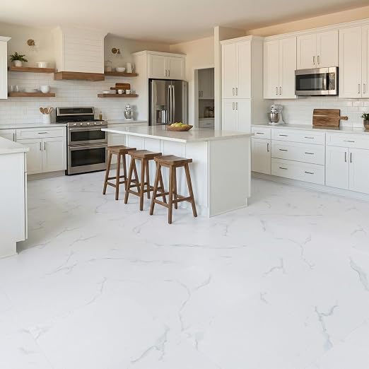 Peel and Stick Vinyl Floor Tiles | White Marble | 30 Tiles | Waterproof / DIY installation / Kitchen / Bathroom /RV /Living Room /Lobby /2.8m2