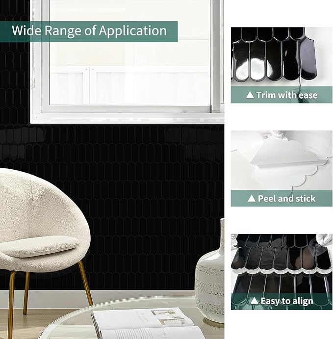 10-Sheet Upgraded Thicker Peel and Stick Kitchen Backsplash Tiles | Waterproof Self-Adhesive Vinyl Wall Tile Stick on Backsplash for Kitchen,Bathroom,Fireplace and RV(Black,12"×12")