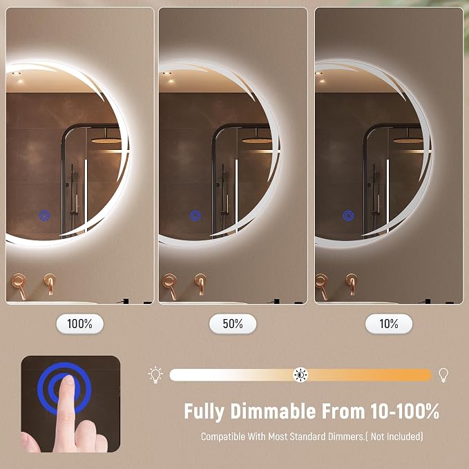 Bathroom Smart Mirrors with Three Color LED Lights,20”x20 Bath Round Mirror,Backlit + Front Lit Temperature Brightness Settings-Wall Mounted Lighted Bathroom Vanity Mirror