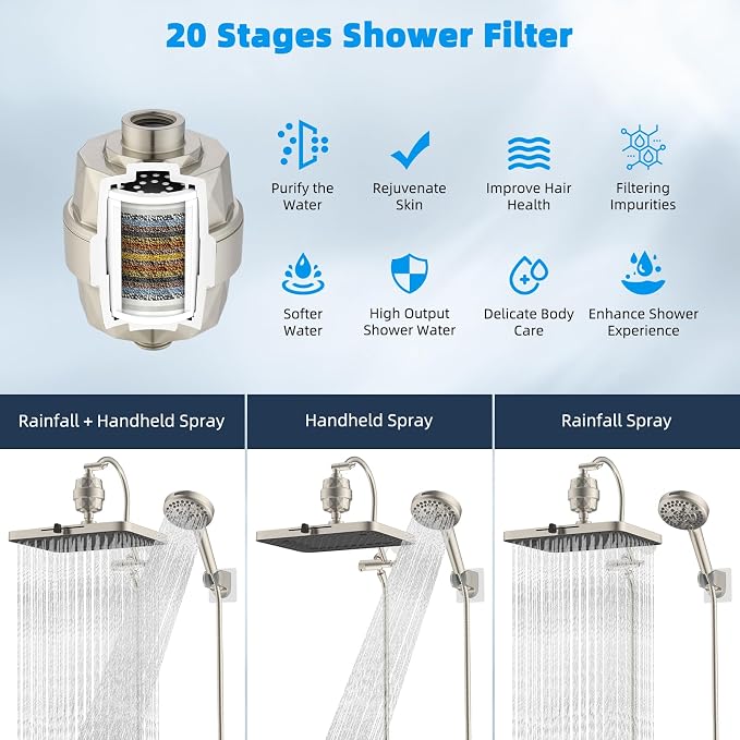 Hibbent 13'' Filtered Shower Head with 10-Spray Handheld, Brushed Nickel | 5 Modes Rainfall Shower Head, High Pressure Showerhead Combo, 20 Stage Shower Filter, 12'' Extension Arm, 71'' Hose & Holder