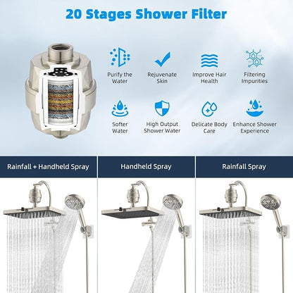 Hibbent 13'' Filtered Shower Head with 10-Spray Handheld, Brushed Nickel | 5 Modes Rainfall Shower Head, High Pressure Showerhead Combo, 20 Stage Shower Filter, 12'' Extension Arm, 71'' Hose & Holder
