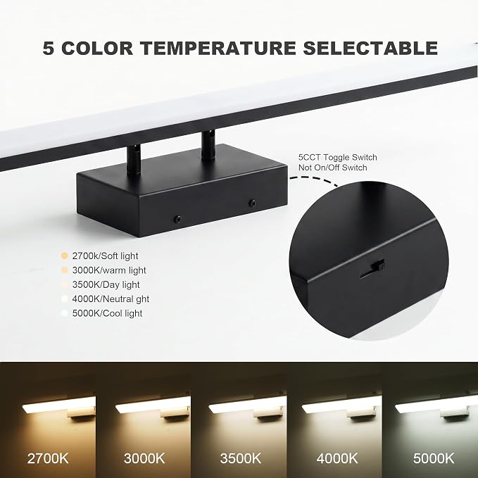 mirrea 36in 5CCT Black LED Vanity Lights for Bathroom Over Mirror | 5 color temperatures,Adjustable light angle,ETL listed,Dimmable,Bathroom lighting fixtures,Eye-friendly,Frosted acrylic shade