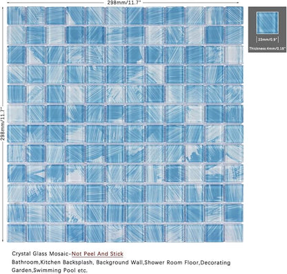 8PC Glass Mosaic Pool Tile, Blue Waterproof Floor & Wall Tiles for Bathroom | Heat & frost resistant for Kitchen Backsplash & outdoors. Mesh-mounted easy install. Easy clean. 8 Sq.ft Blue Crystal