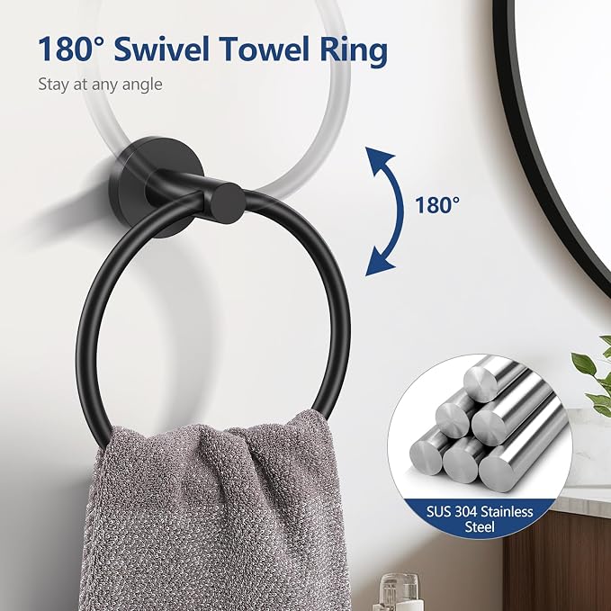 TQKAG 5 Piece Black Bathroom Accessories, 23.6" Bathroom Towel Bar Holder | 23.6" Bathroom Hardware Set, SUS304 Stainless Steel, Double Post Pivoting, Towel Hooks, Toilet Paper Holder Set Wall Mounted