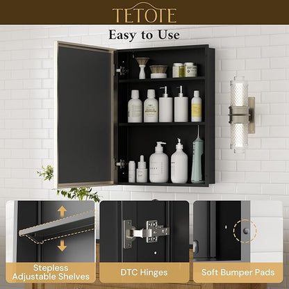 TETOTE Brushed Nickel 16" x 24" Recessed Medicine Cabinet Bathroom Mirror with Storage Medicine Cabinet with Beveled Frame Adjustable Shelves Wall-Mounted