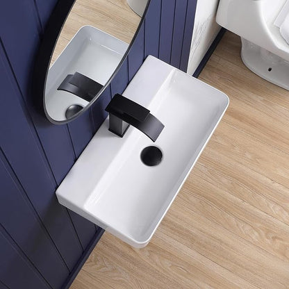 Wall Mount Bathroom Sink 21"x12" Small Vessel Sink Wall Mounted Rectangular Wall Hung Mini White Porcelain Ceramic Floating Tiny Sink,Easy Install, Durable, Space-Saving, Ideal for Home,RV
