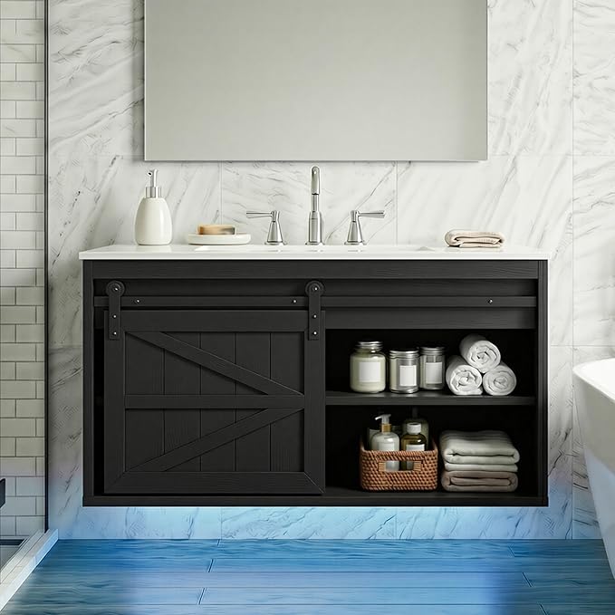 DWVO 36" LED Bathroom Vanity with Sink, Farmhouse Sliding Barn Door Bathroom Cabinet, Bathroom Vanities, Wall Mounted Floating Cabinet