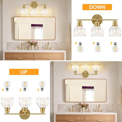 Bathroom Light Fixtures, 3-Light Brushed Gold Vanity Lights for Bathroom with Clear Tulip Glass Shade, 20" Vintage Bathroom Vanity Lighting Fixtures Over Mirror for Bedroom Living Room Hallway